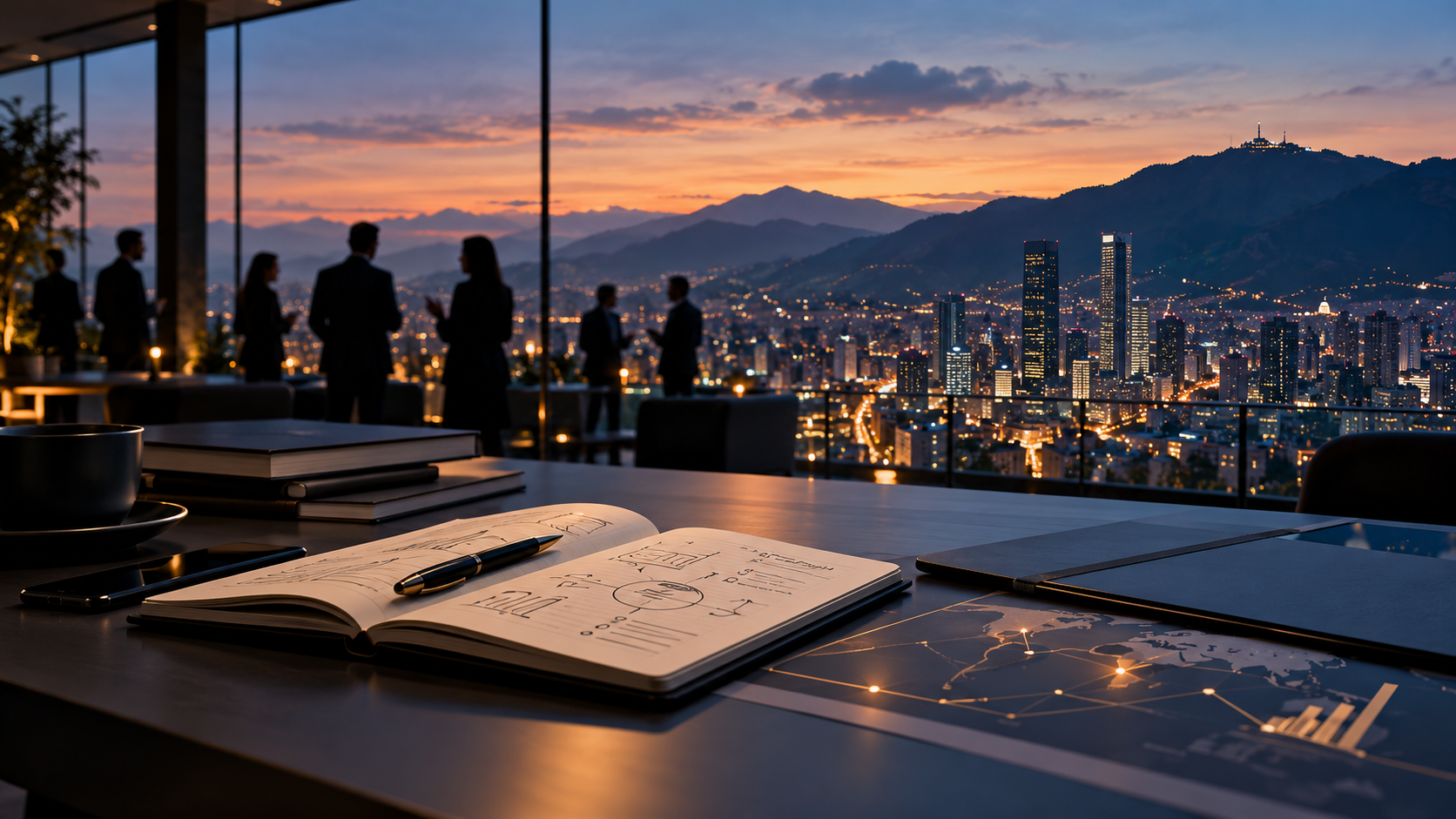 Ilustración conceptual de estrategia empresarial con vista a Bogotá al atardecer
